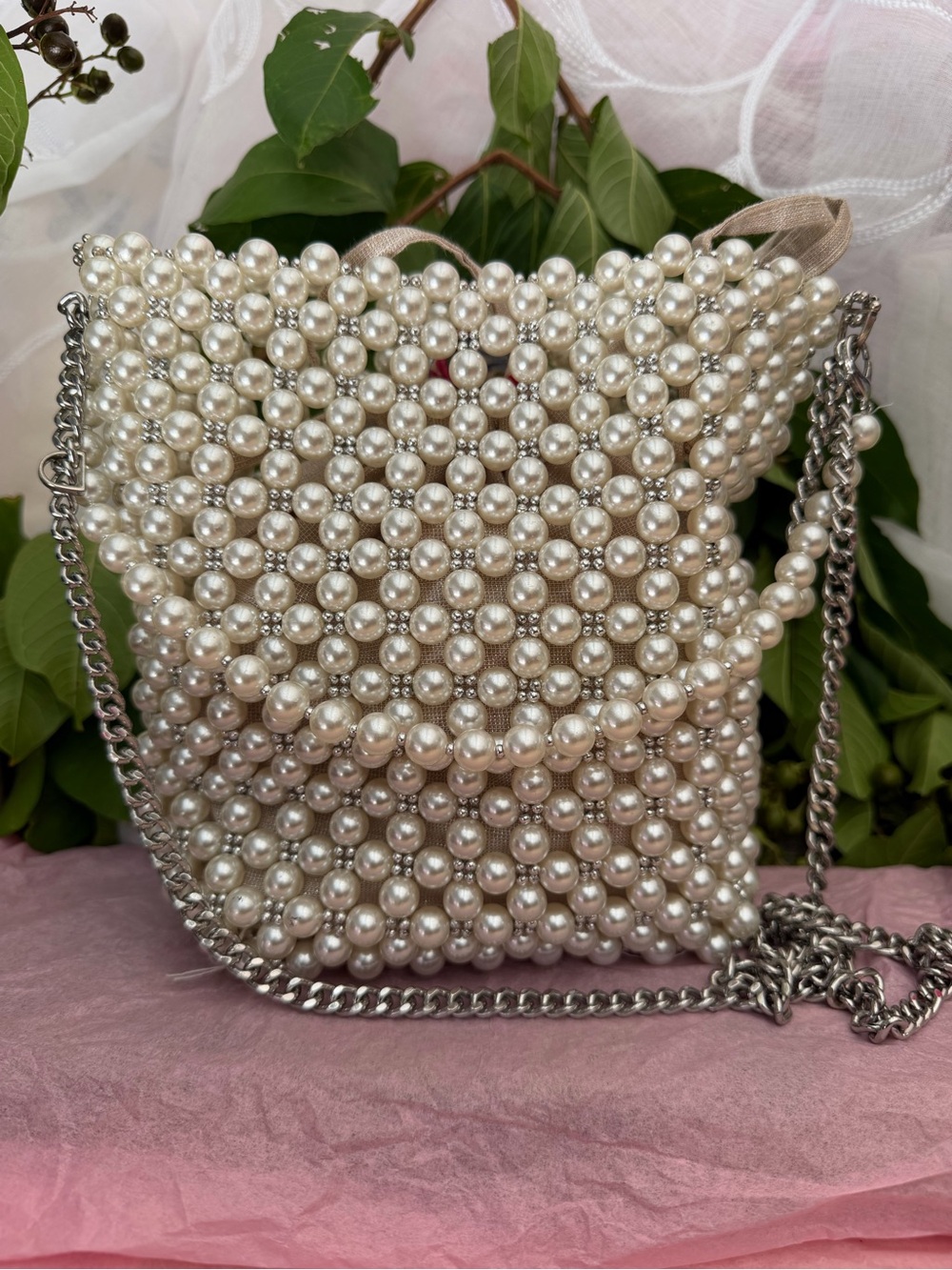 Zara Pearl Beaded Crossbody Bag - Champagne